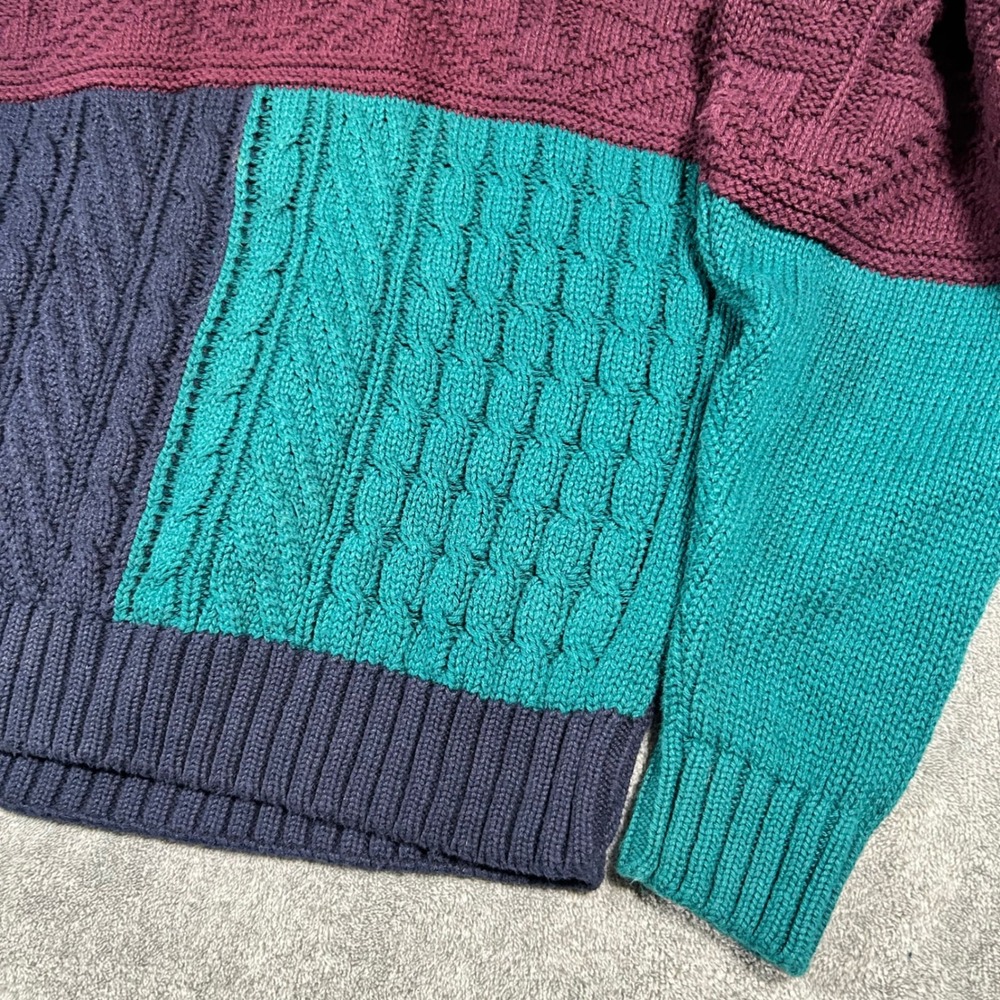 VTG Eddie Bauer Cable Knit Sweater Colorblock Navy Teal Burgundy Men XL Made USA - Picture 8 of 13